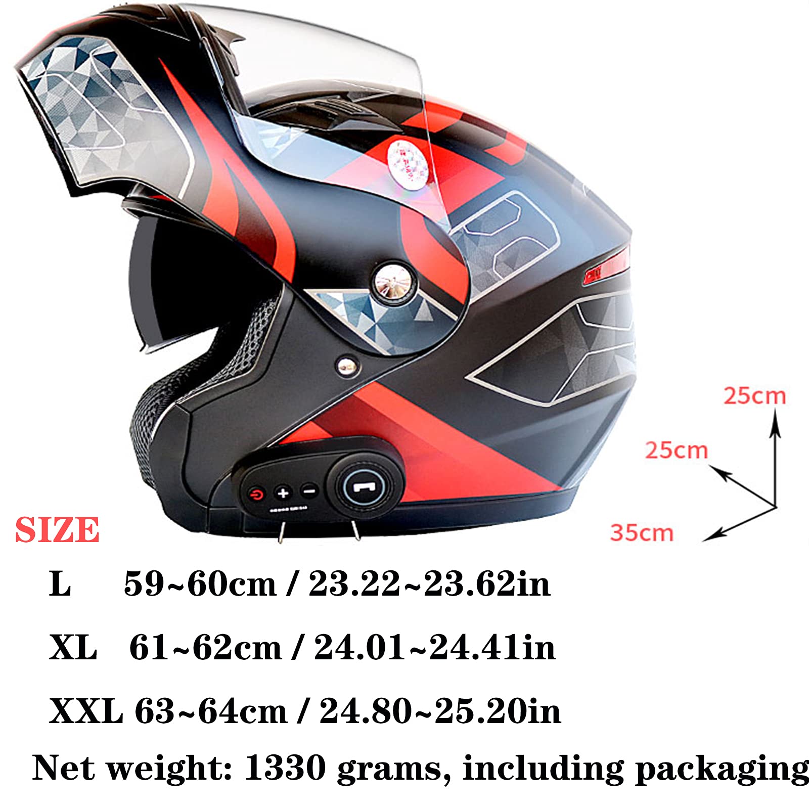 Motorrad Integrierter Bluetooth-Helm, Klapphelm ECE-Geprüft, Sturzhelm Anti-Fog-Doppelspiegel, Eingebautes FM Radio Integriertes Intercom-Kommunikationssystem für Damen Herren ,D,L 59~60cm