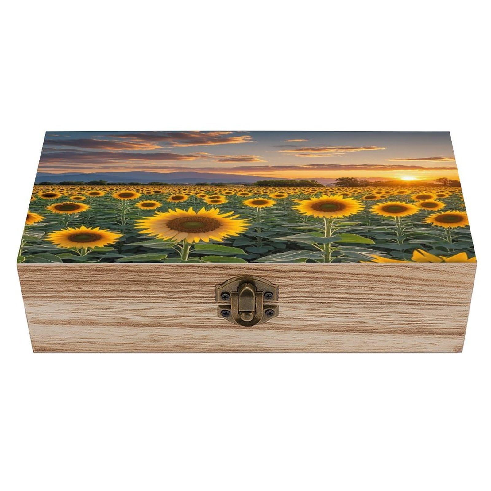FekiLoot Beautiful Sunflower Field Sunset Wooden Storage Box Exquisite Wood Keepsake Box Vintage Wooden Gift Jewelry Case for Crafts And Photo Storage Boxes