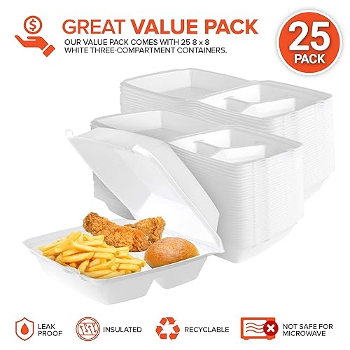 Miniatura 2 de Stock Your Home Cajas para llevar de 8 x 8 pulgadas (paquete de 25) recipientes medianos de espuma de 3 compartimentos para almuerzo, bandejas de