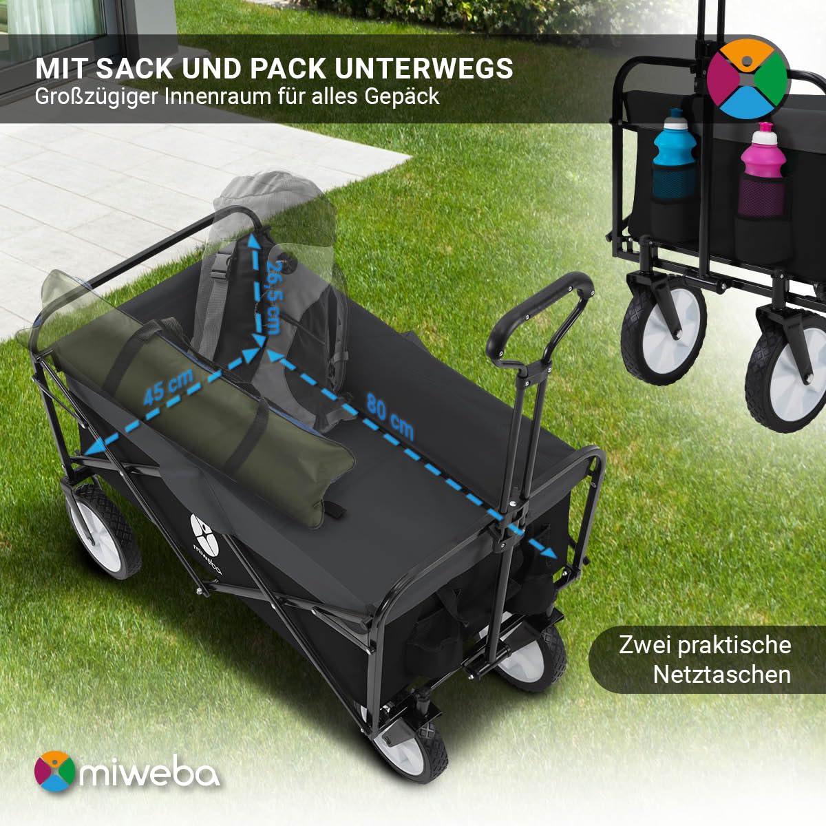 Miweba Faltbarer Bollerwagen MB-35 | Traglast 120 Kg - Klappbar - Handwagen faltbar - Transportwagen für Kinder - Kinderwagen - Gartenwagen - Wagen - Strandwagen - Faltwagen (Schwarz/Dunkelgrau)