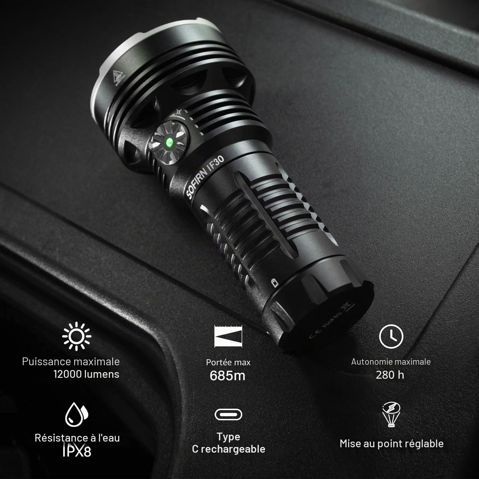 sofirn IF30 Lampe Torche Puissante 12 000 Lumens Ultra Lumineuse Lampe de Poche LED Portée Max 685 Mètres IPX8 étanche Lampe Puissante Rechargeable Pour La Maison et L'extérieur