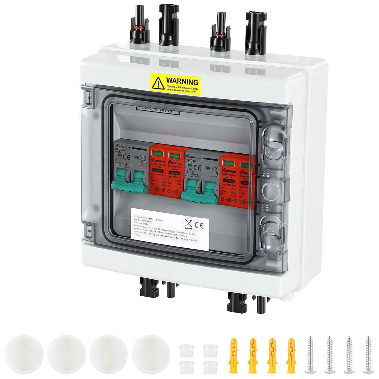 PV Combiner Box 2-String mit Überspannungsschutz und DC-Trennschalter, 1000V 32A, IP65 wetterfest, inkl. Solarstecker und Montagezubehör