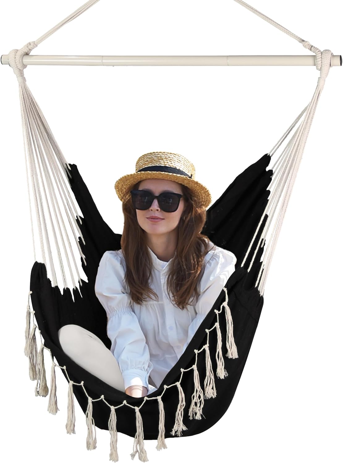 Hammock Chair Swing Out of doors Indoor, Macrame Hanging Chair with Pocket for Bed room & Outdoors, Black