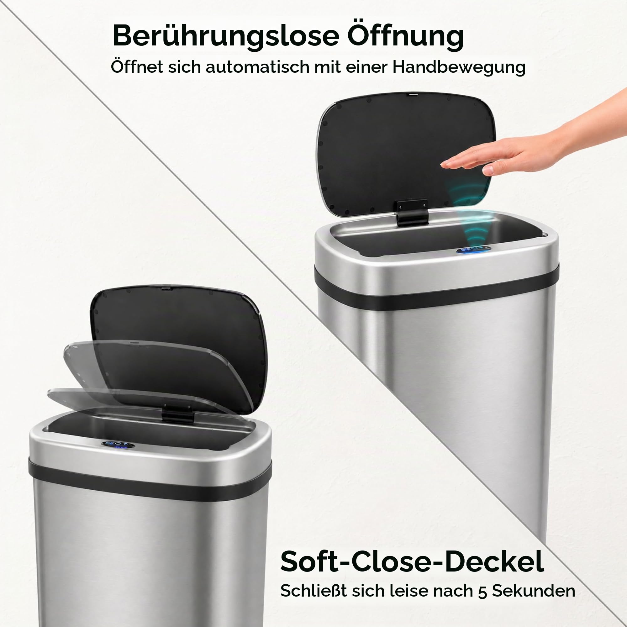 Five Stars® Abfalleimer mit Sensor - 60 Liter - Abfallbehälter aus Edelstahl - Mülleimer - Soft-close Deckel - Silber