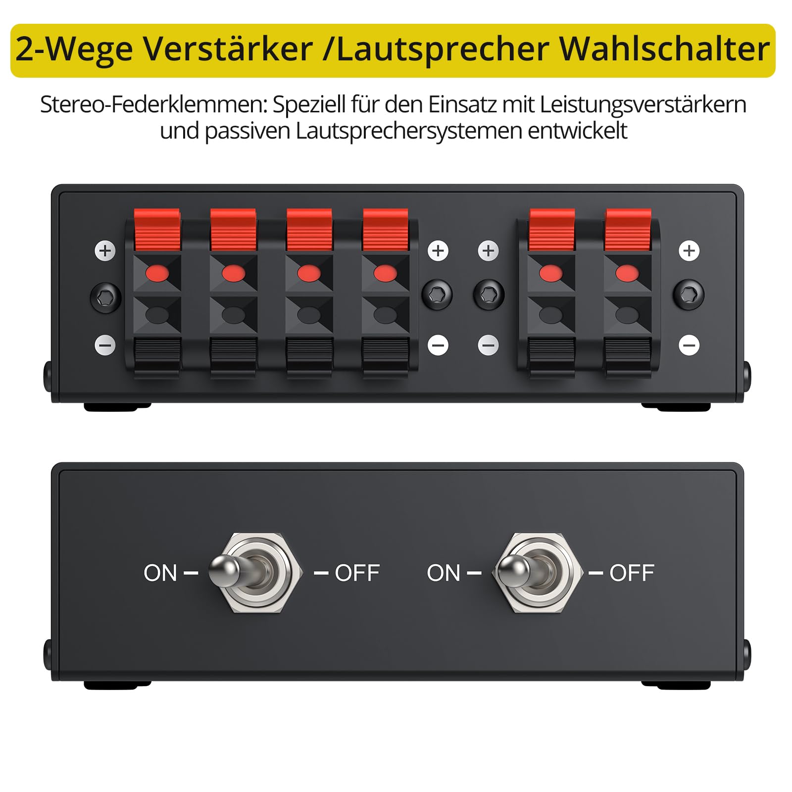 PROZOR Lautsprecherwahlschalter mit 2 Zonen, passiver Verstärkerschalter, Schaltbox für 1/2 Paar Lautsprecher mit unabhängiger Steuerung, 150 W RMS pro K, Federklemmen, Schwarz