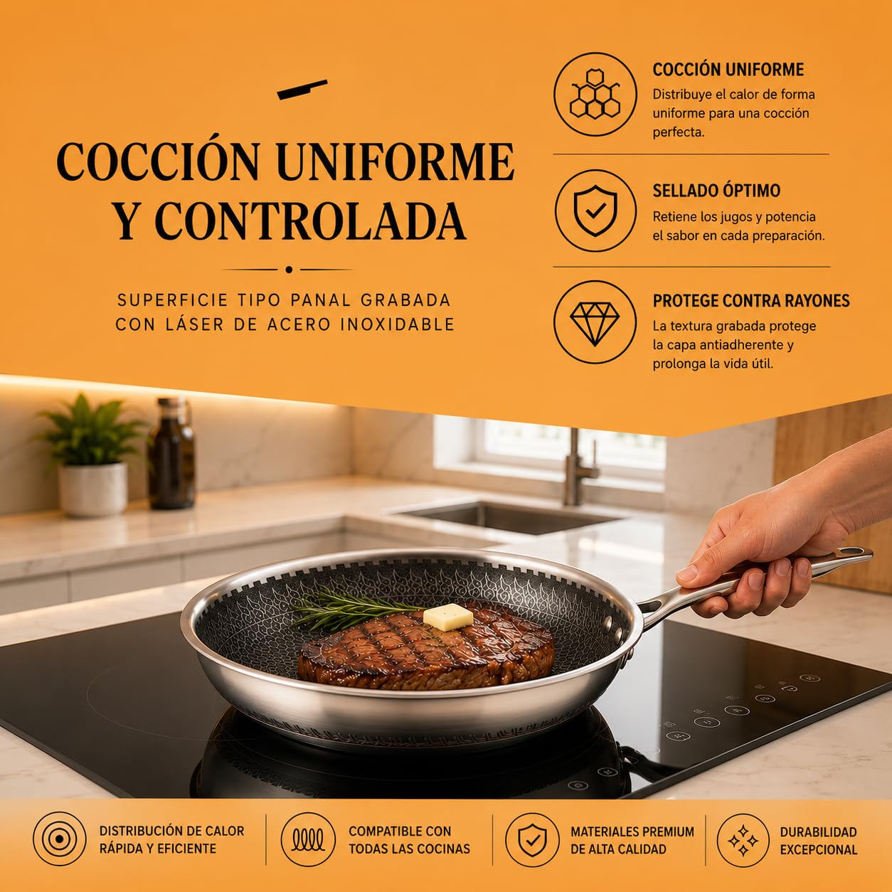 Batería de Cocina 5 Piezas Acero Inoxidable 18/10 Triply – 3 Ollas (16+20+24 cm) con Tapas de Vidrio + 2 Sartenes (20+24 cm) – Interior Panal Sin PFOA – Inducción y Horno
