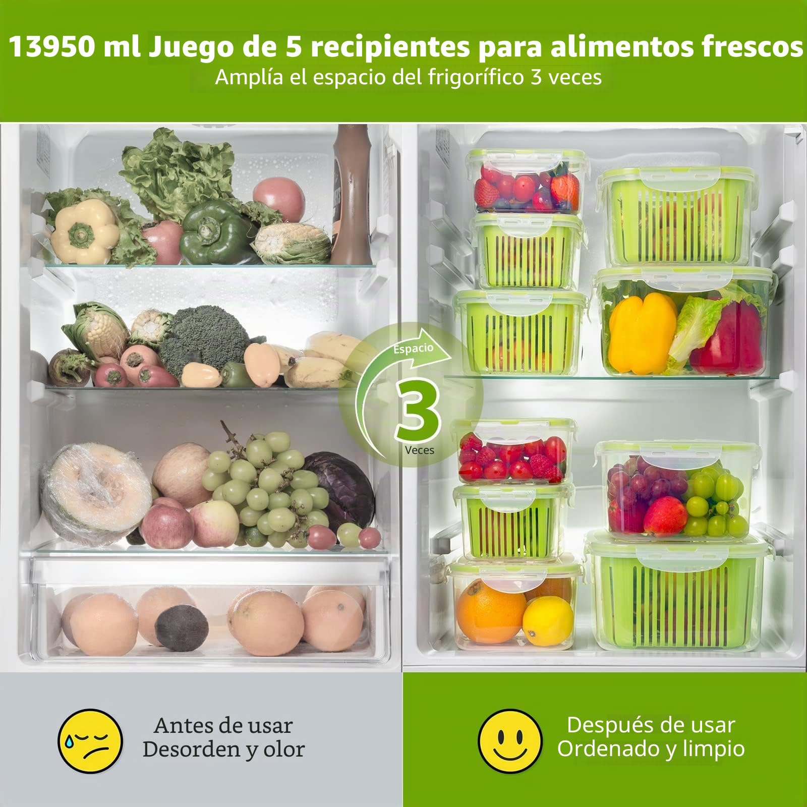 Luxear Juego de 5 Recipientes de Alimentos Nevera con Colador y Tapa, Verde | Recipientes de Almacenamiento Fresco, Contenedor de Plástico sin BPA para Ensalada Verduras Frutas Queso, Lavavajillas