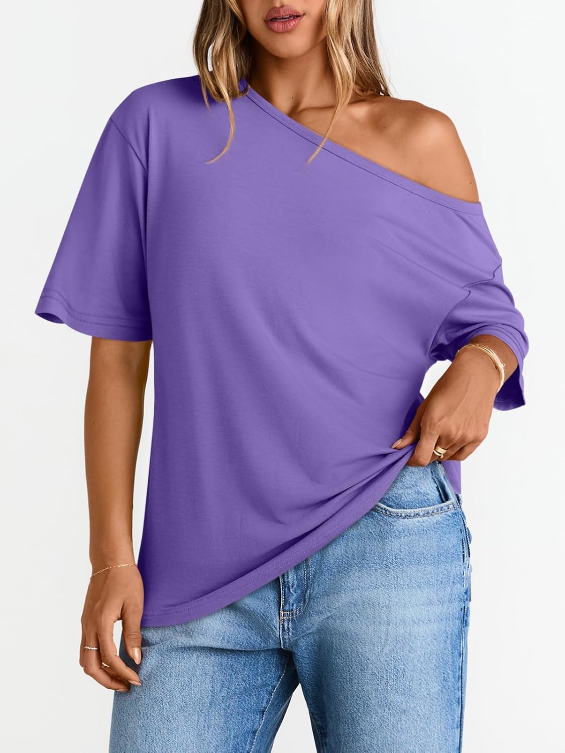 LILLUSORY Off The Shoulder Tops Oversized Tshirts Short Sleeve Basic Tee 2026 Casual Summer Fashion Clothes - Image 2