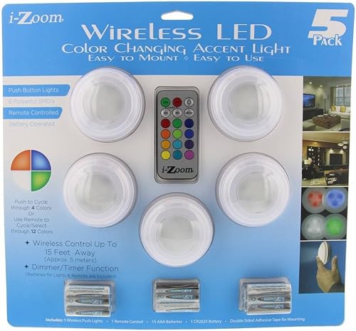 i-Zoom - Luces LED inalámbricas cambiantes de color con mando a distancia, 5 unidades, ideal para vacaciones, estado de ánimo, acento y eventos