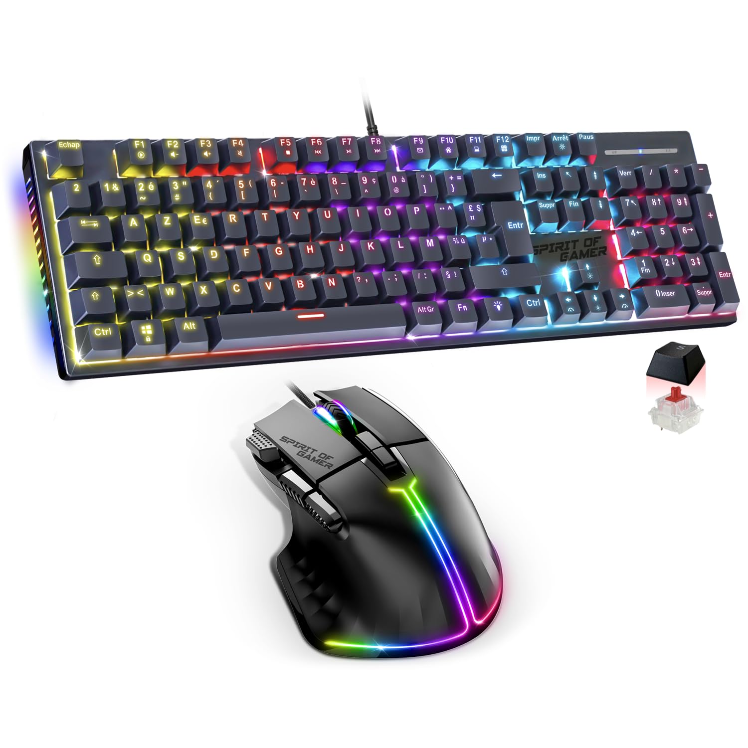 Spirit Of Gamer, Pack Clavier Souris Gamer RGB, Clavier Mecanique AZERTY Swtich Rouge, Technologie N-Key Rollover, 26 Touches Antighosting, Souris 12800 DPI avec 8 Boutons Programmables