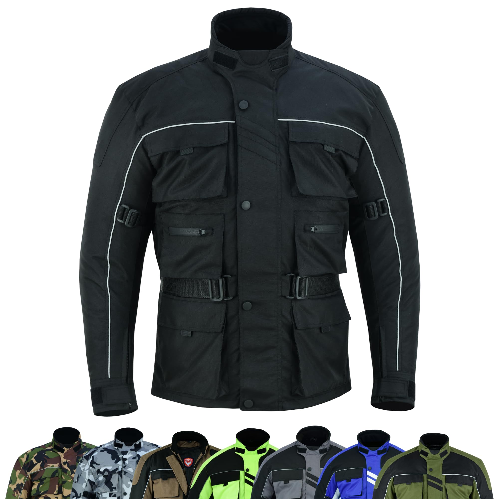 warrior gears 6 Pockets Mens Motorcycle Jacket, Textile Racing Motorbike Jacket, Hi-Vis Biker CE Protective Armored Jackets Mens Waterproof & Mesh Lining Breathable, Black - Medium