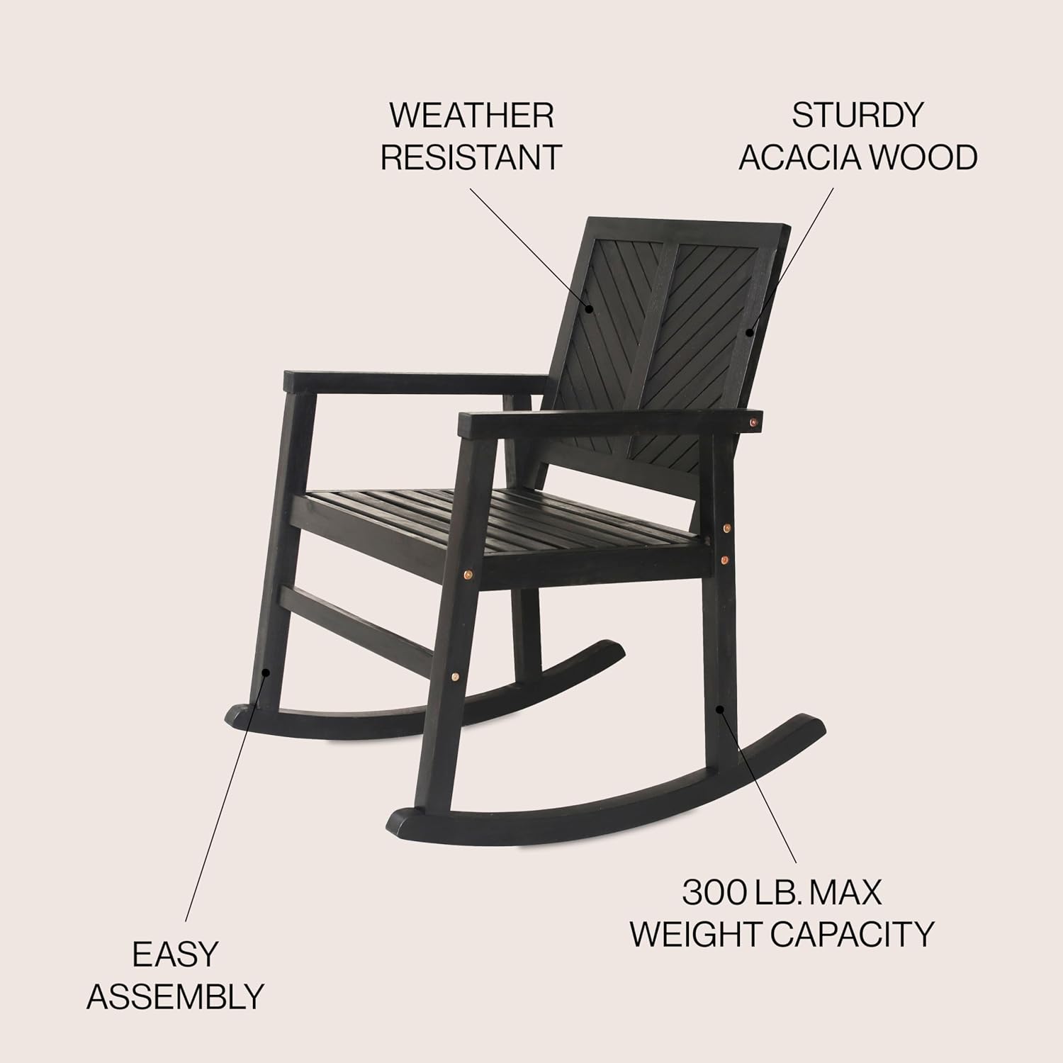 JONATHAN Y Ned 35" Black Finish Solid Acacia Wood Outdoor Rocking Chair, All-Weather Chevron High Back Porch Rocker for Patio, Deck and Garden, Farmhouse Wood Armchair RCK100C