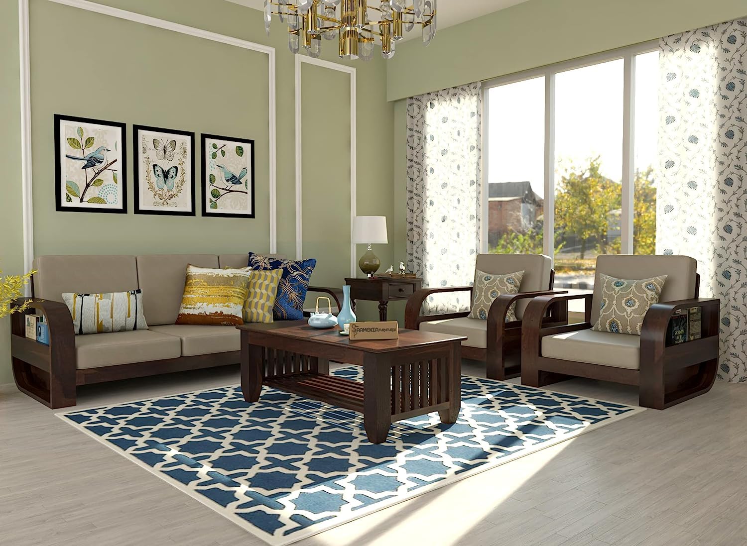 FURNESHO Wooden 5 Seater Sofa Set for Living Room Five Seater Sofa