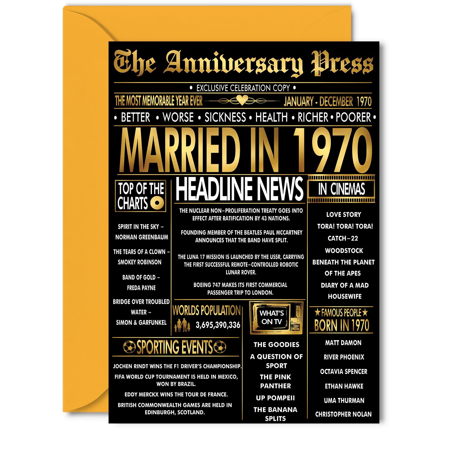 Gold 56th Anniversary Card for Women Men - Golden Newspaper Married in 1970-56 Year Wedding Anniversary Card for Companion Husband Partner Wife, 5x7 Inch Anniversaries Greeting Cards