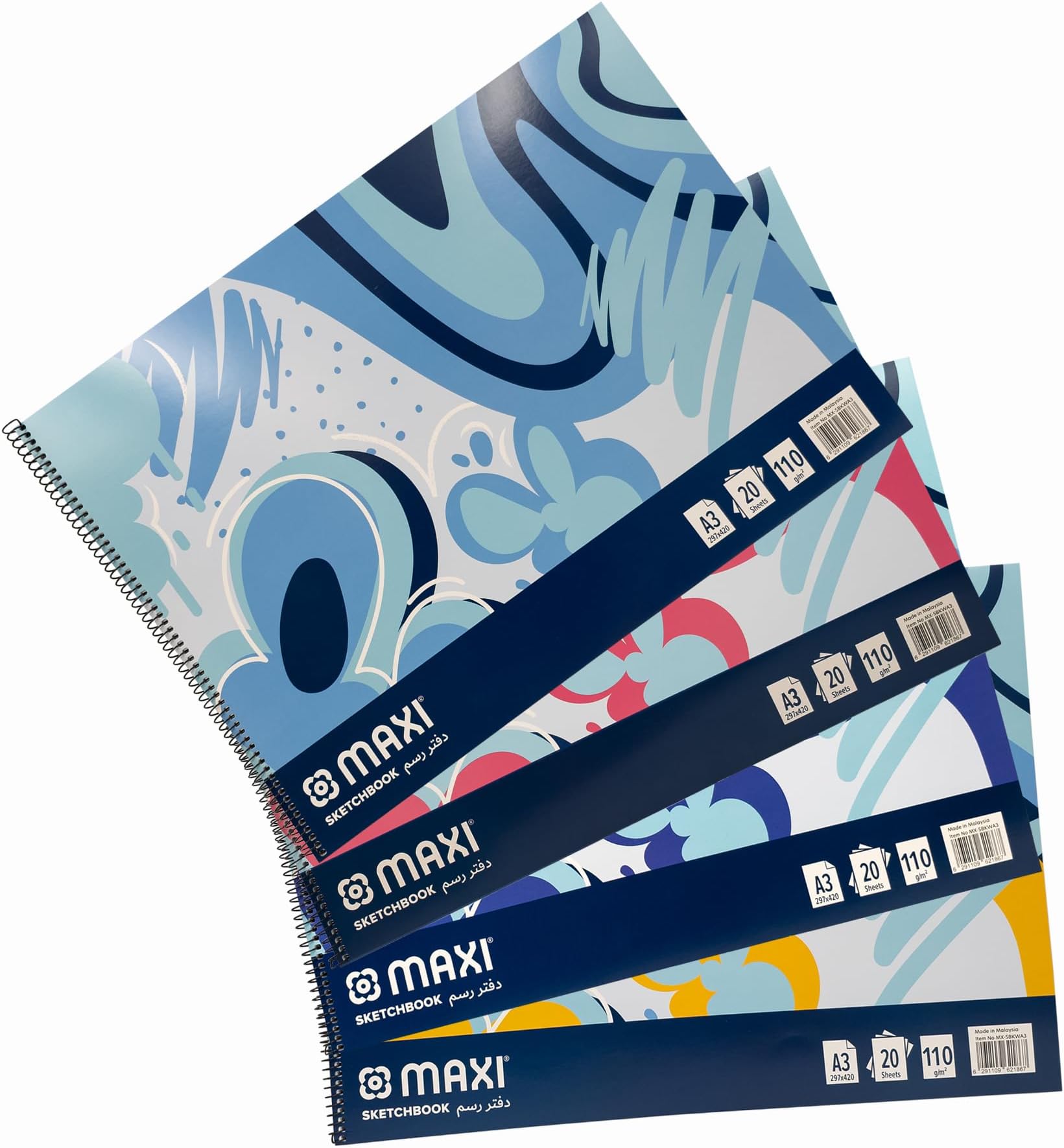Maxi Spiral Sketch Book White A3 (297x420mm) 110Gsm 20 Sheets,Assorted Colour. Per Pc