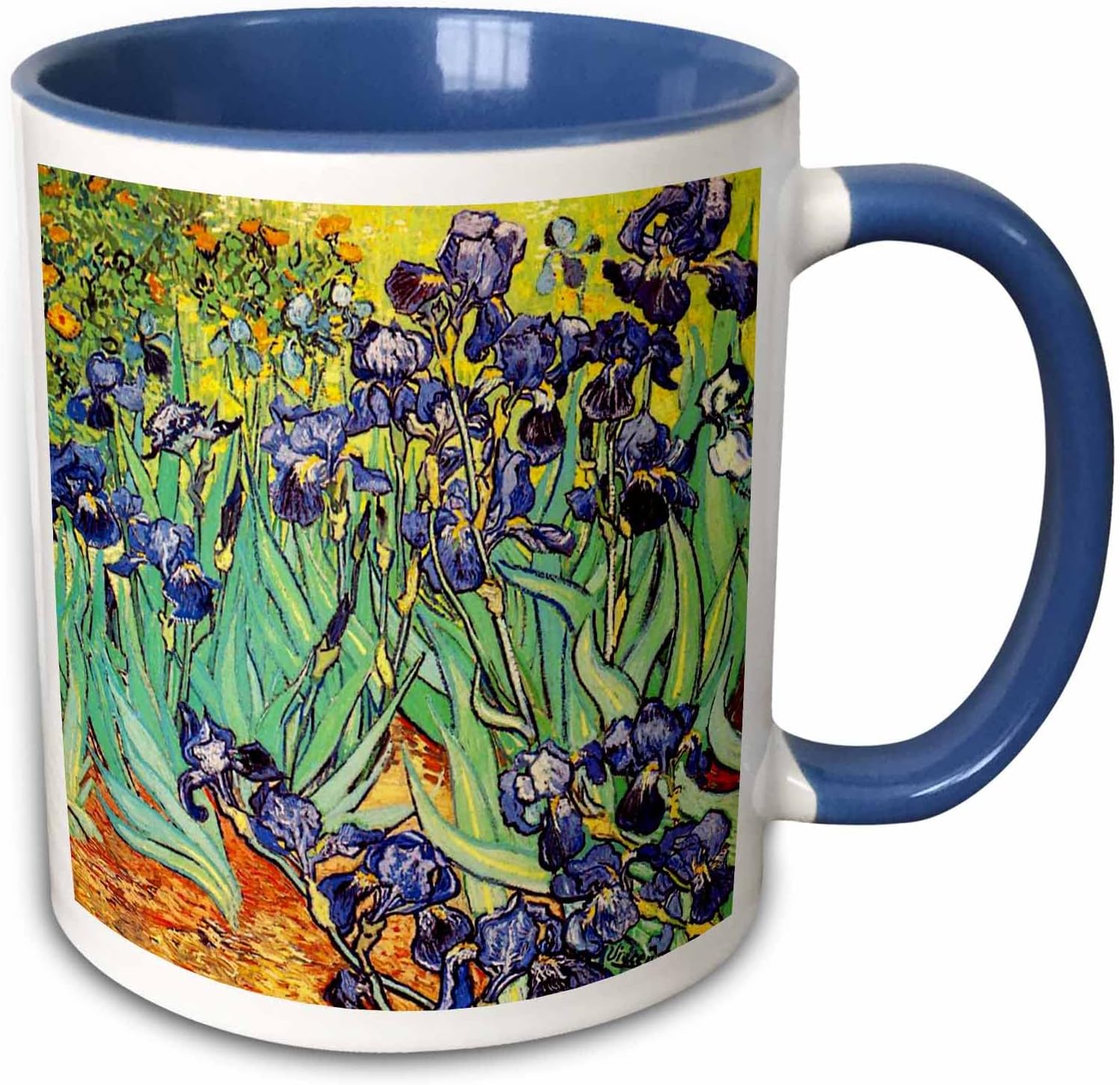 3dRose Irises by Vincent van Gogh 1889 - purple flowers iris garden - copy of famous painting by the master 11oz Two-Tone Blue Mug