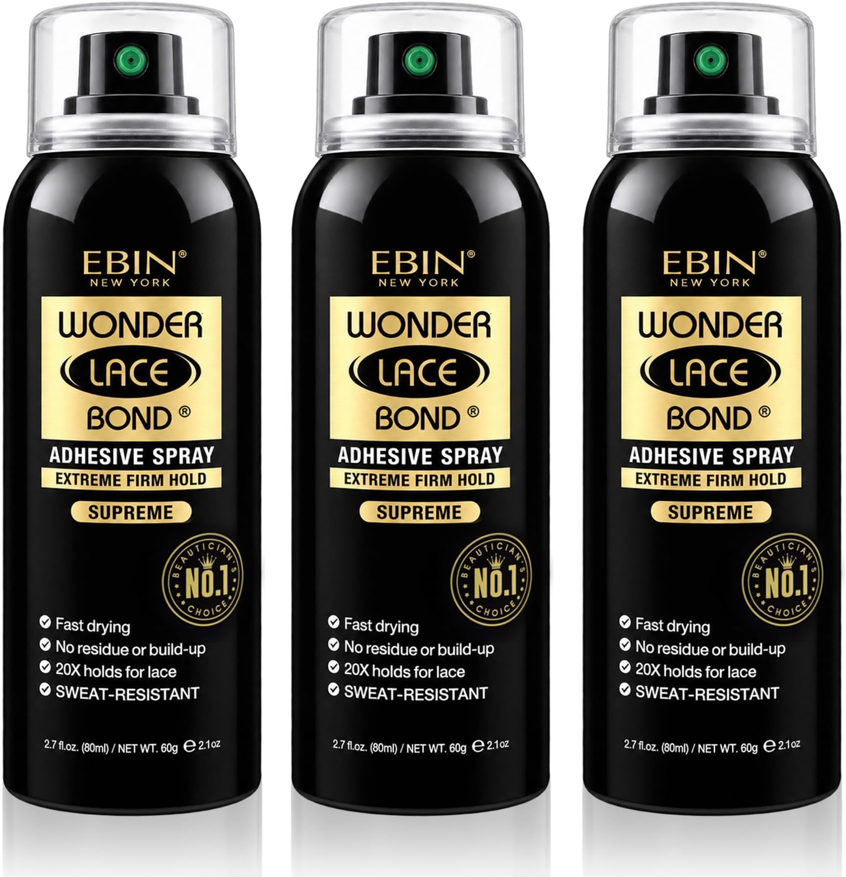 Wonder Lace Bond Adhesive Spray Supreme 3pack Extreme Firm Hold 2.7oz/ 80ml | Active Use, Fast Drying, No Residue, No Build up, Powerful Hold, All Day Hold, Daily Wig Application