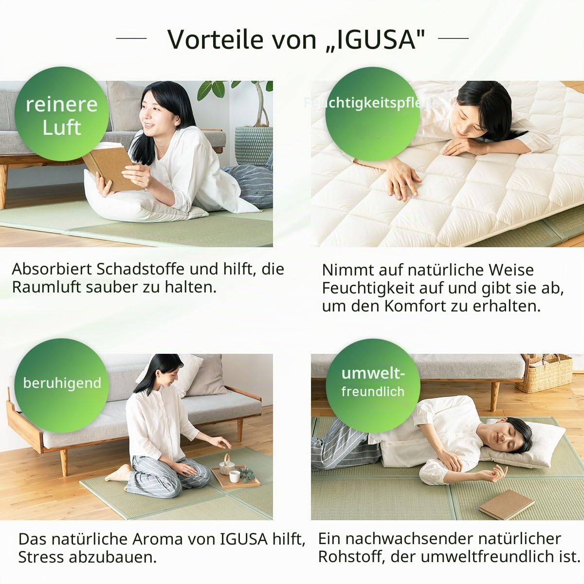 EMOOR Japanische Tatami-Matte 70 x 70cm 4er-Set Natur-Segergras (Ungefärbt), Faltbare Igusa-Matratze Bodenschlaf Japanische Futon-Matratze Meditation Yoga Zen