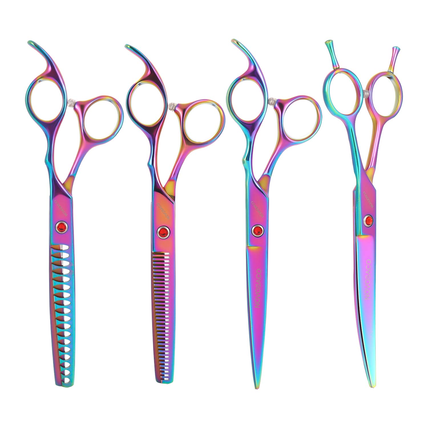 NOVOSACO 7 Inch Professional Dog Scissors Set, Pet Grooming Scissors, Straight, Curved, Modelling Scissors, Chunker Fur Scissors for Dogs Cats, Rustproof (01 Set (Multi-Colour))