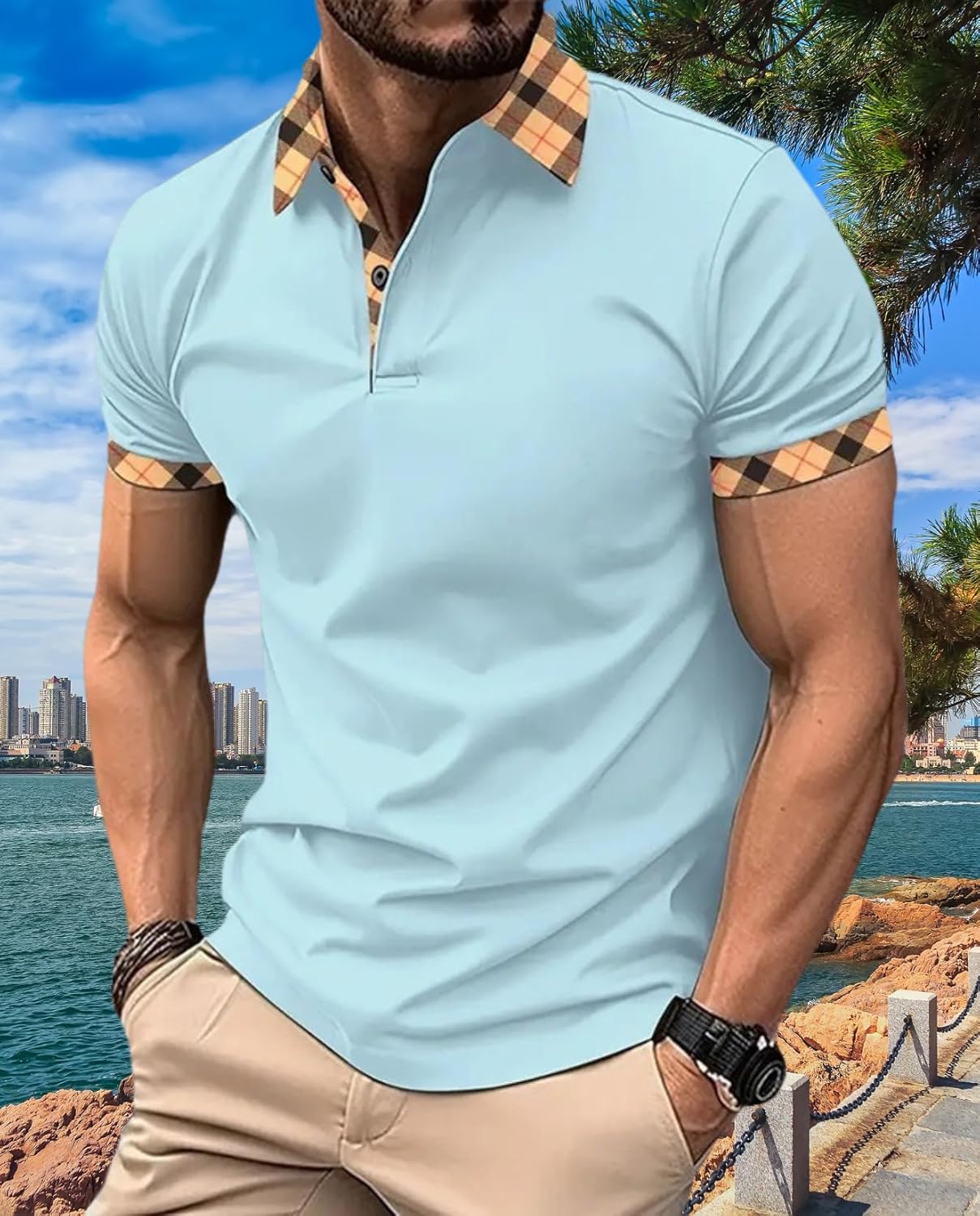 Mens Casual Polo Shirt Classic Buttoned Henley Neck Basic Short Sleeve Fashionable Golf Collar Shirt - Image 6