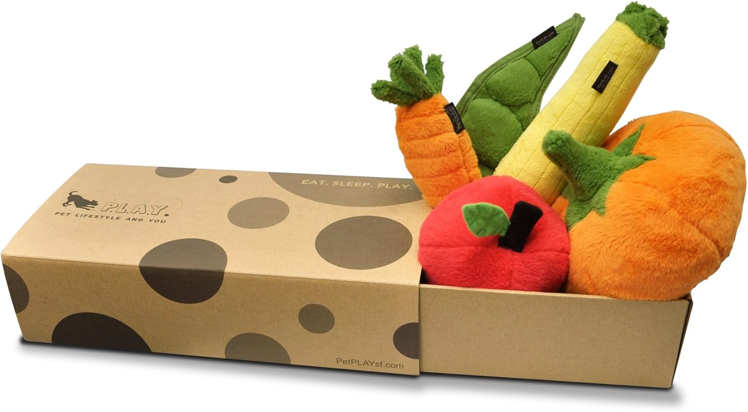 P.L.A.Y. Cute Plush Dog Toys - Fruit & Vegetable Themed Durable Squeaker Chew Toy, Great for Puppies & Small, Medium, Large Dogs - Machine Washable, Recycled Materials (5 Piece Set)