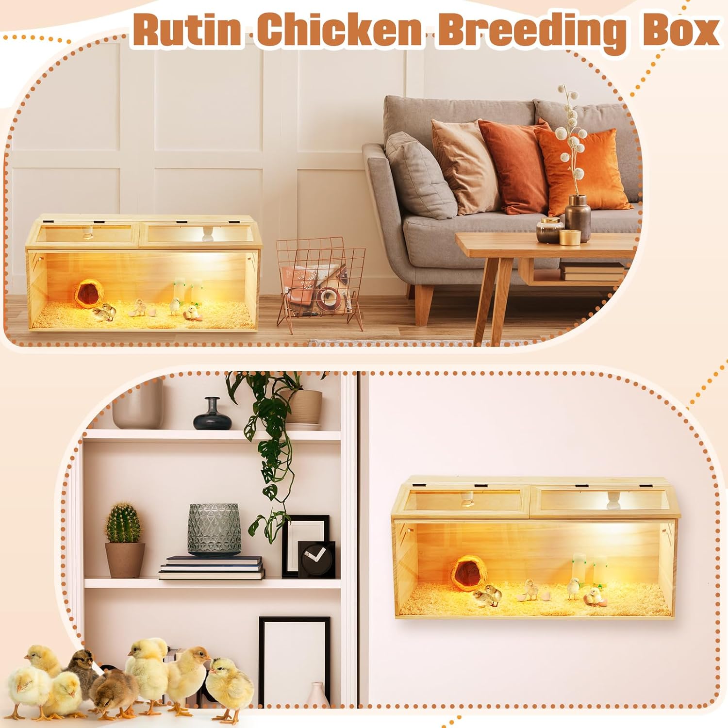 32 x 16 x 16 in Brooder Box for Chicken Quails Stand Sliding Door, Bulb Set and Feeder, Indoor Chicks Coop Brooder Box Kit, for Ducks, Hamsters, Lizards, Mice, Rat(No Legs, Wooden)