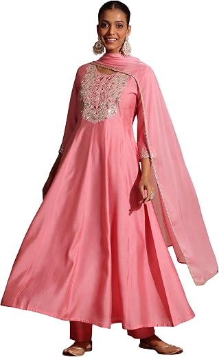 Janasya Women's Light Pink Chanderi Silk Zari Yoke Embroidered Anarkali Kurta Set