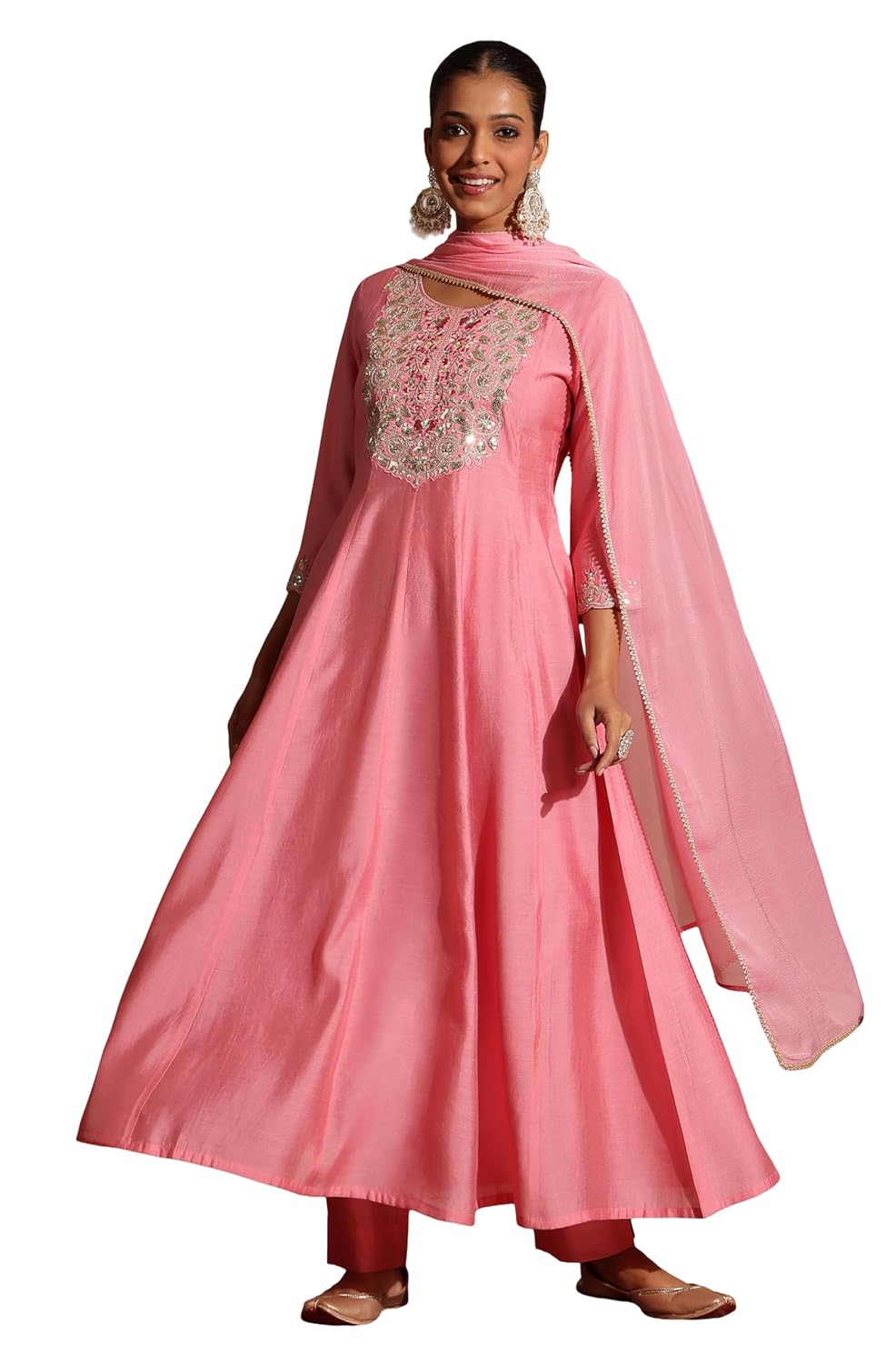 Janasya Women's Light Pink Chanderi Silk Zari Yoke Embroidered Anarkali Kurta Set - Review, Price and Buying Guide