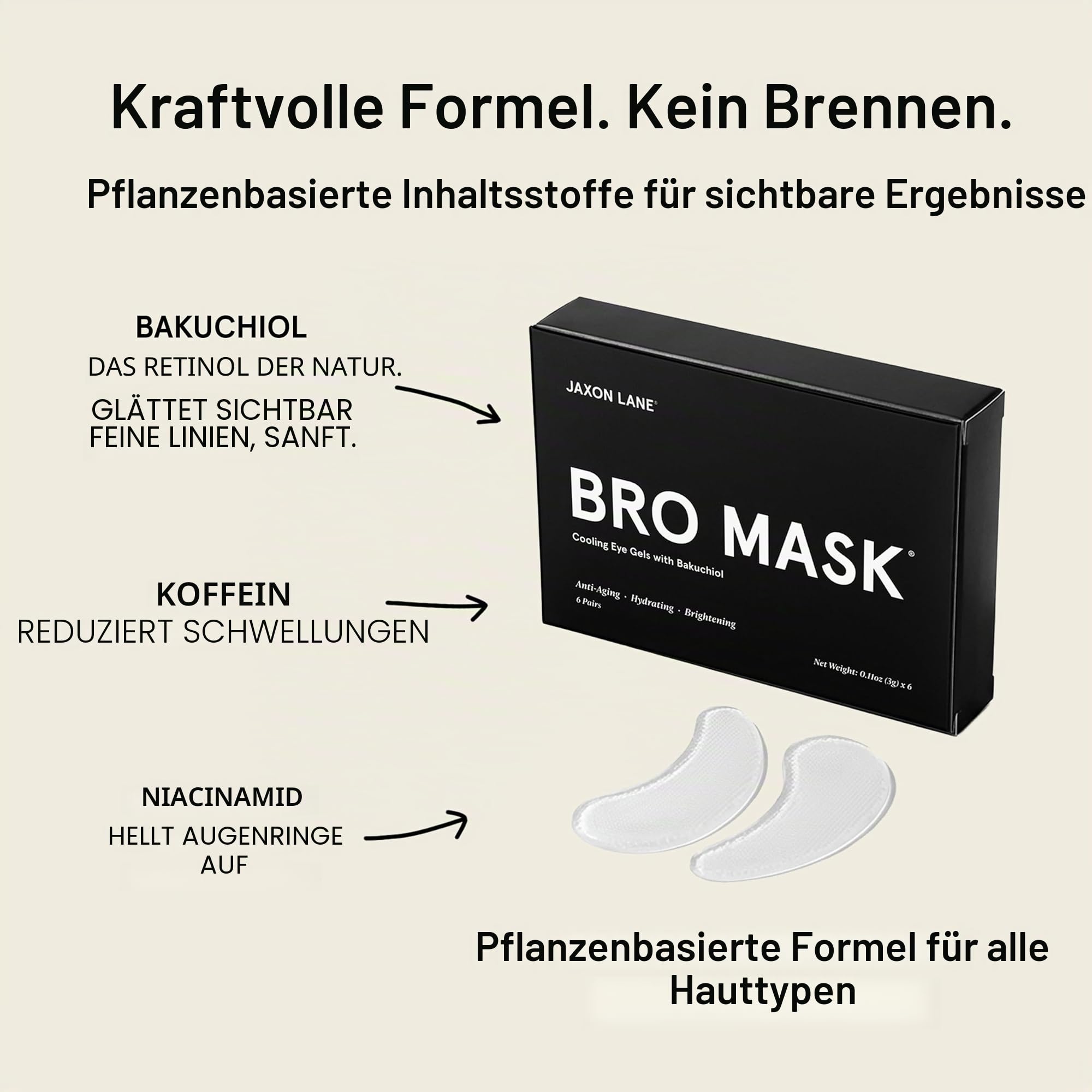 BRO MASK Gel-Pads unter den Augen: kühlende Augenklappen für Augenringe und Schwellungen, Anti-Aging-Hydrogel-Augenklappen-Set mit Bakuchiol, grünem Tee, Hyaluronsäure, Koffein, Niacinamid/Vitamin B3