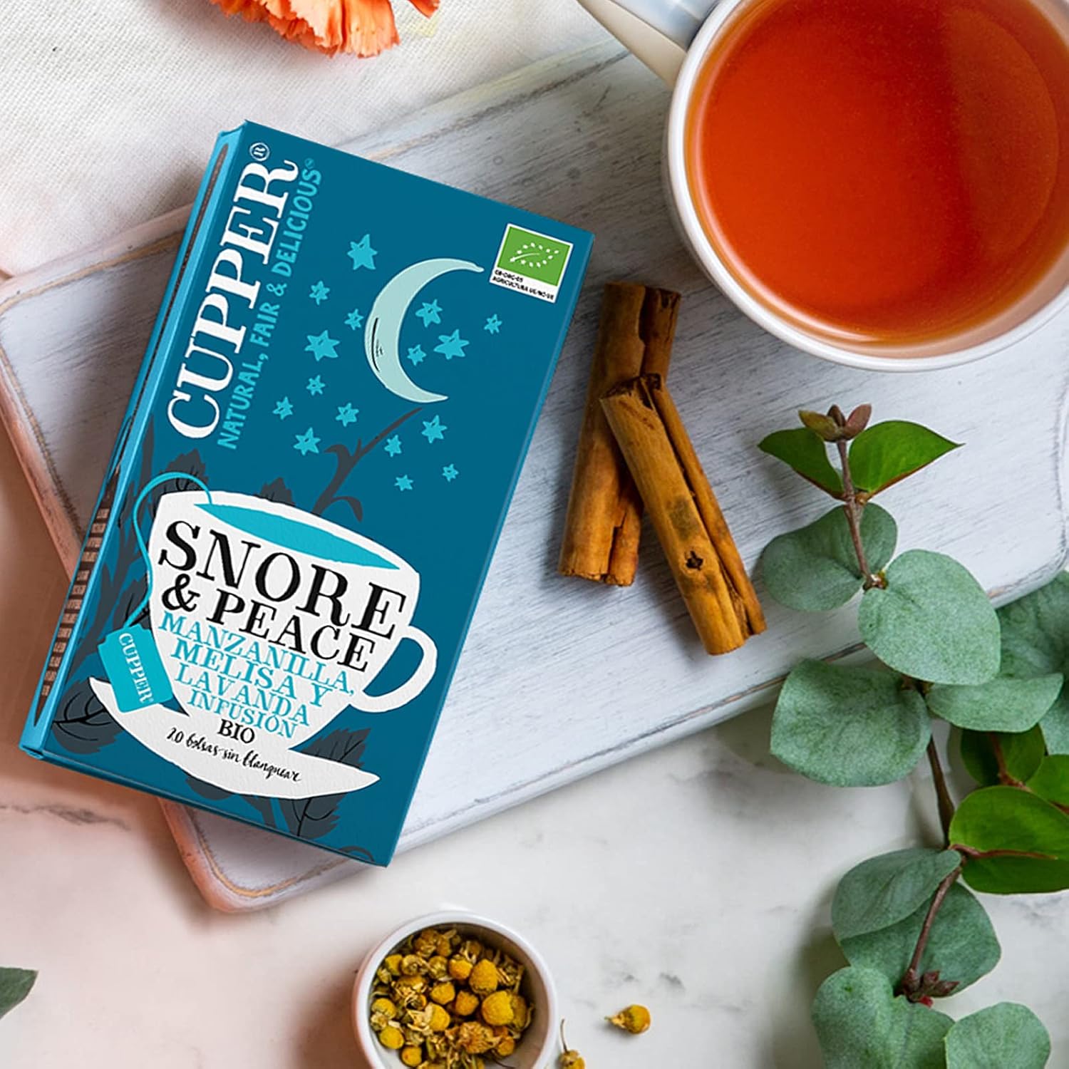 CUPPER Snore & Peace Infuso Camomilla, Melissa e Lavanda, Tisana Profumata e Delicata, Ingredienti da Agricoltura Biologica, Filtri 100% Biodegradabili, Confezione da 20 Bustine 20 Unità (Confezione da 1) Snore & Peace - Immagine 3