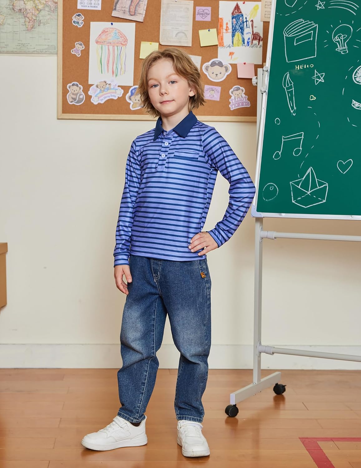 Arshiner Boy's Polo Shirts Long Sleeve Striped Fashion Casual Golf Shirts | Button Closure, Collared Shirt, Plaid Trim, Regular Fit, Kids Golf Polos, for School Uniform/Play/Casual, 11-12 Years