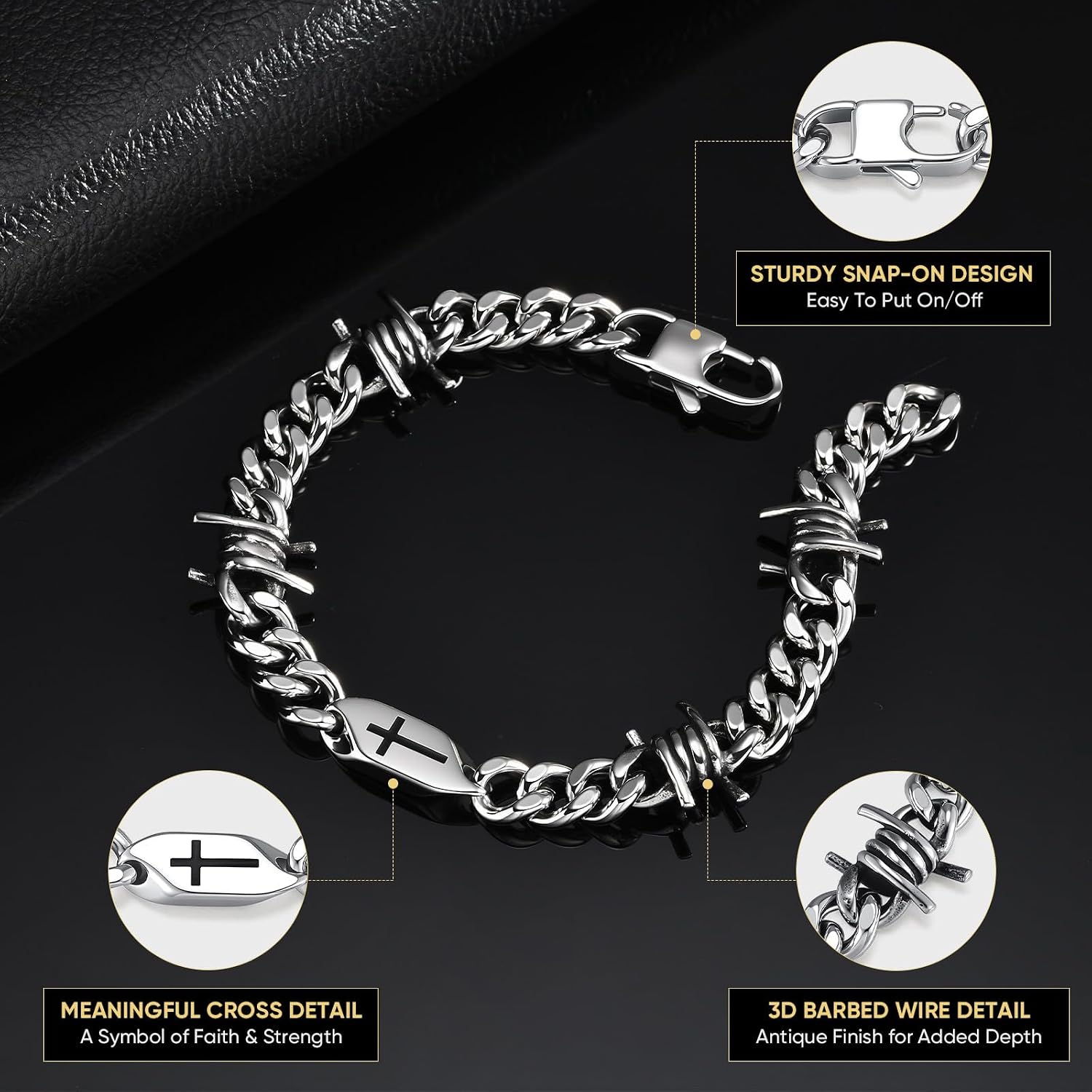 VNOX Barbed Wire Bracelet for Men, Cuban Link Cross Chain, Gothic Punk image 5