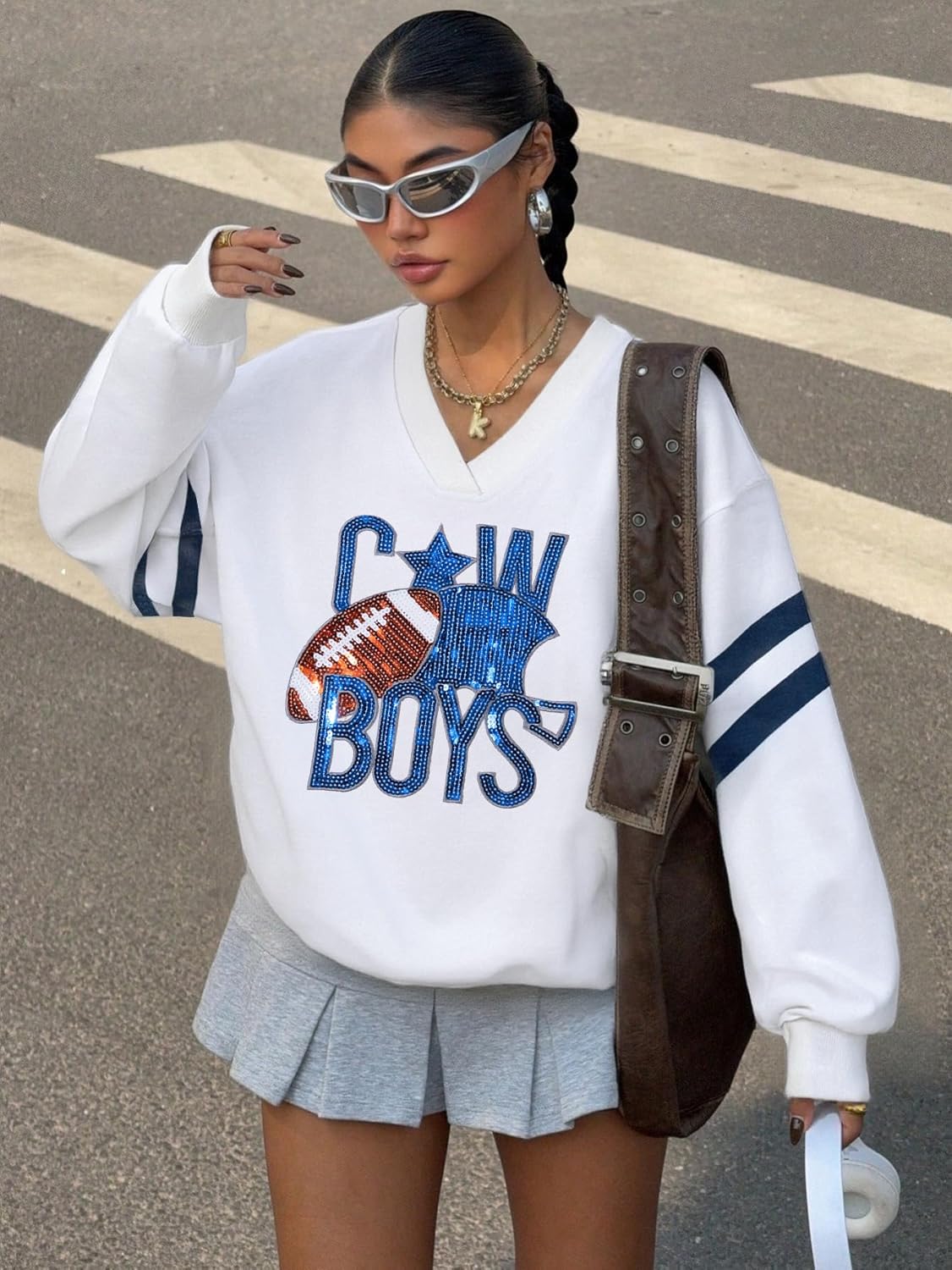 ASTANFY Game Day Sweatshirt Women Sequin Football Sweatshirts Vintage Sunday Funday Graphic Sweater Gameday Long Sleeve Shirt - Image 5