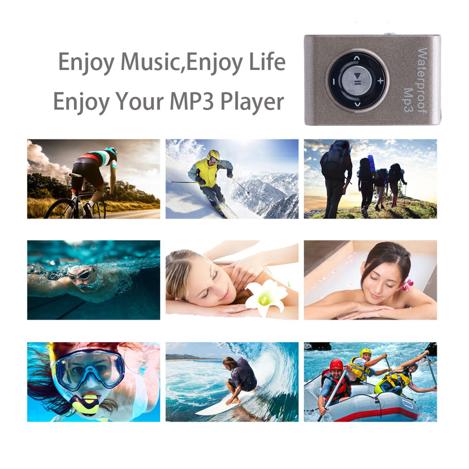 Jectse Lettore MP3 Impermeabile IPX8, Lettore Musicale Portatile da 8 GB con Clip Posteriore e Cuffie Impermeabili per Nuoto, Immersioni e Sport All'aria Aperta