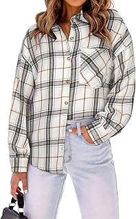 Berryou Flannel Shirts for Women Casual Plaid Button Down Shirt Long Sleeve Blouse Tops