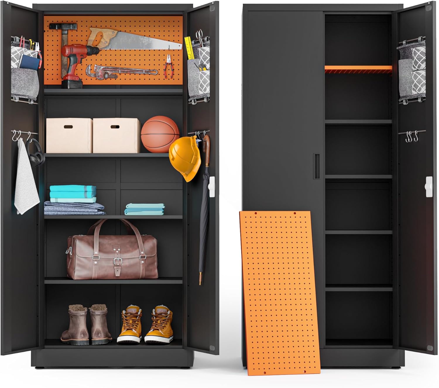 METALTIGER Metal Storage Cabinet - Multifunctional Garage Storage Cabinet with Doors and 5 Adjustable Shelves, Multi-Use Pegboard & Accessories, 900 lbs Full Capacity Lockable Cabinet (Black)