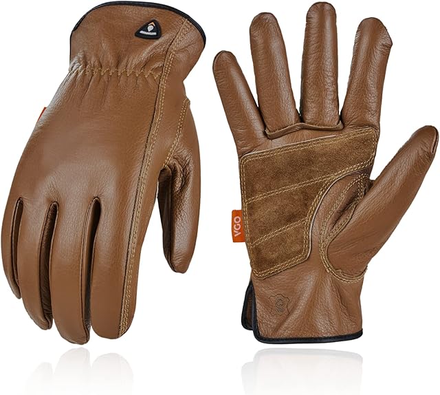 Vgo... 1 Pair Unlined Cow Grain Leather Safety Work Gloves Men,Rigger Gloves,Builder Gloves, Palm Patched(Gold,CA9597) (Brown, Large)