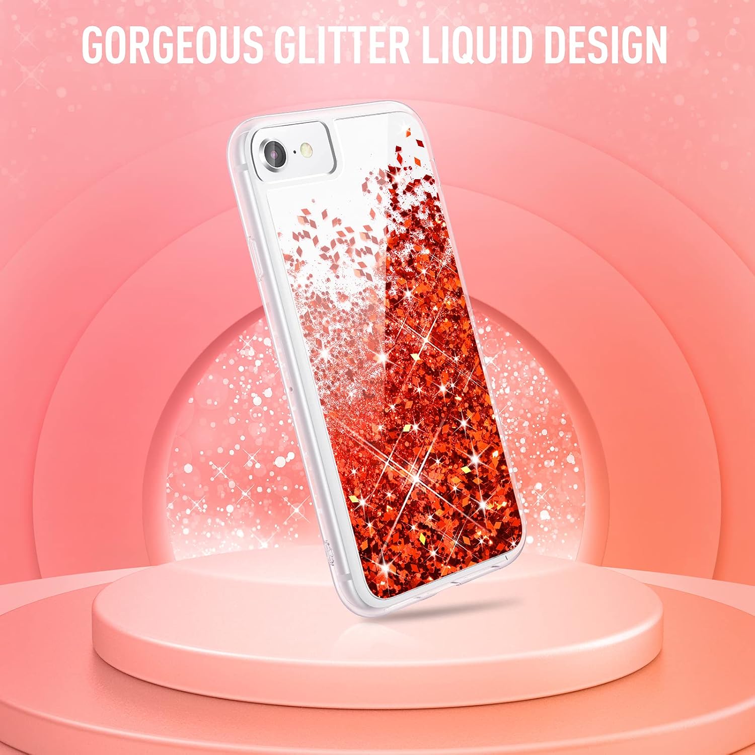 Maxdara iPhone 8 Case, iPhone 7 Glitter Liquid Women Case [Tempered Glass Screen Protector] Floating Bling Sparkle Luxury Pretty Protective Girls Case iPhone 6/6s/7/8 4.7 inch (Red)