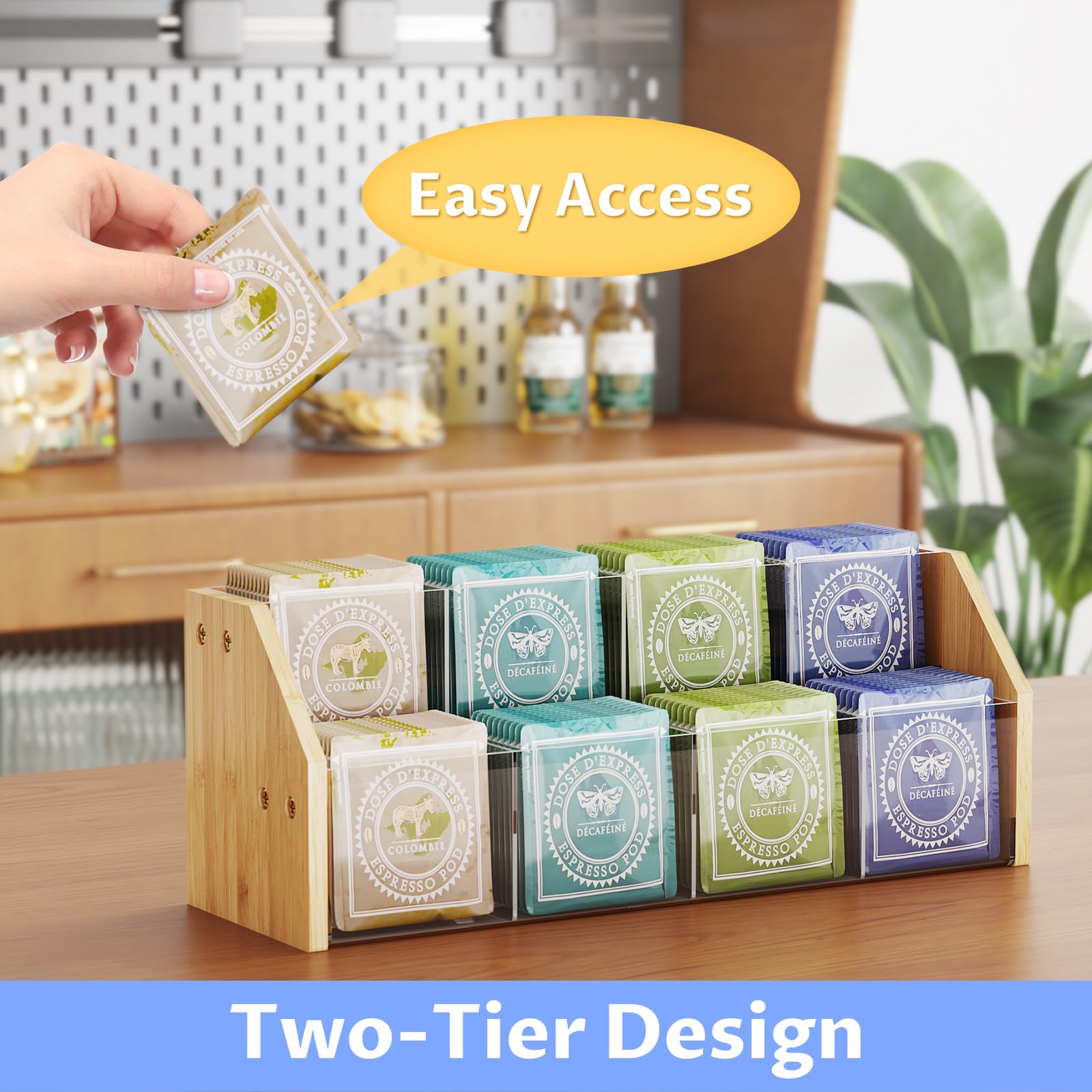 NiHome Organizador de bolsas de té de 2 niveles con paneles acrílicos transparentes y marco de bambú, 8 compartimentos que sostienen hasta 80 bolsas de té, soporte de té para ahorrar espacio para el