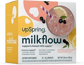 UpSpring Milkflow Immune Support Breastfeeding Supplement Drink Mix Fenugreek-Free, Moringa Elderberry Lemonade Flavor, La...