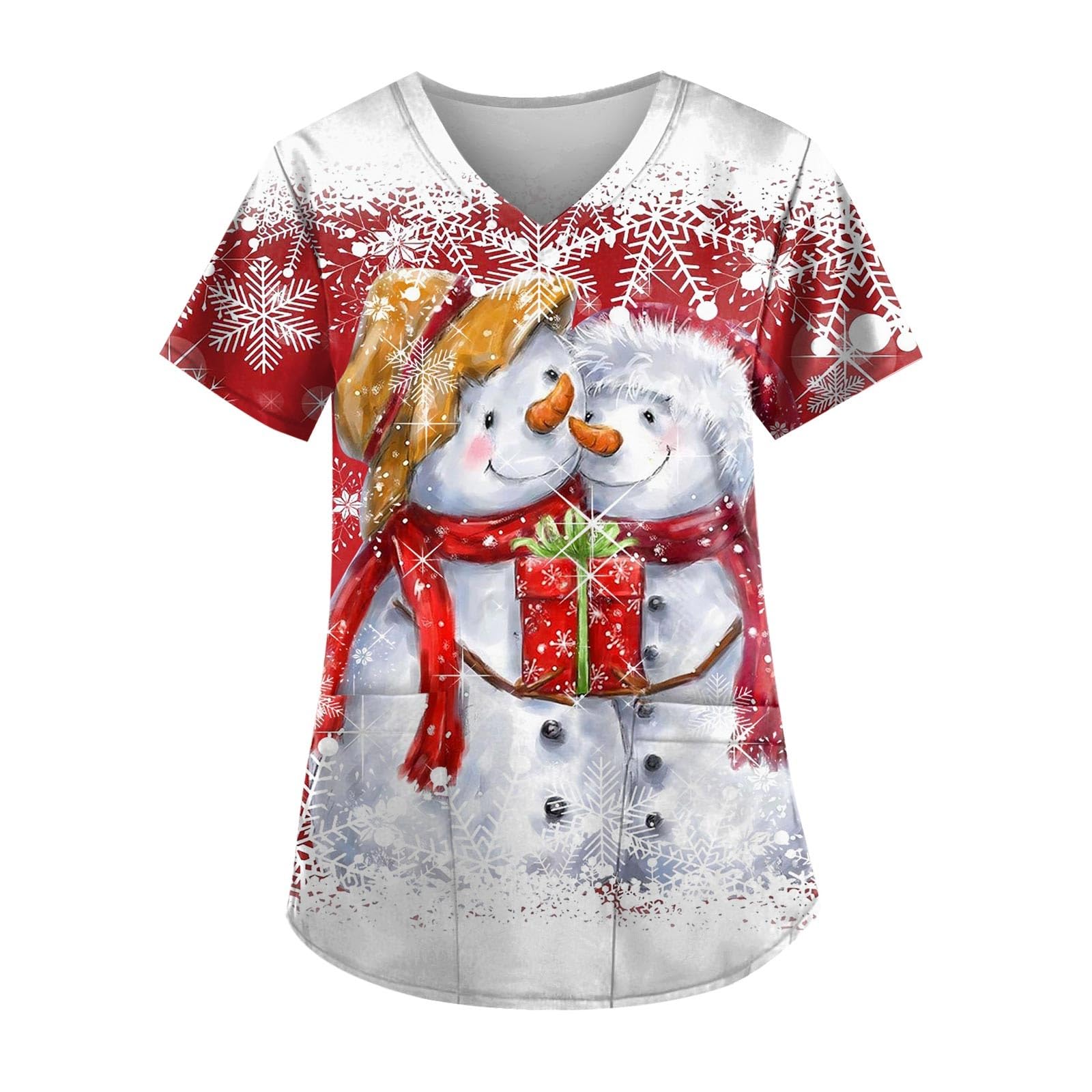 Womens Christmas Costumes Tops Christmas Print Sloping Collar T-Shirts Pretty Short Sleeve Slim Fit Pockets Blouses