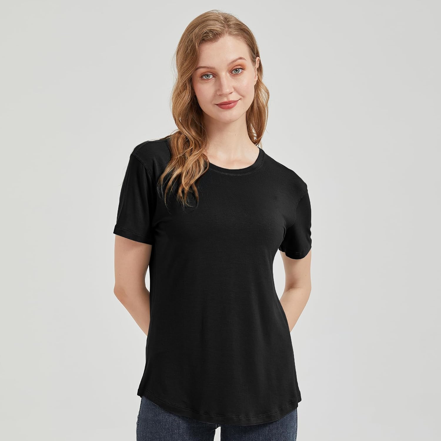 netdraw Women's Lightweight and Soft Bamboo Viscose T-Shirt Curved Hem Crew Neck Smooth Trendy Sleep Lounge Pajama Tops - Image 4