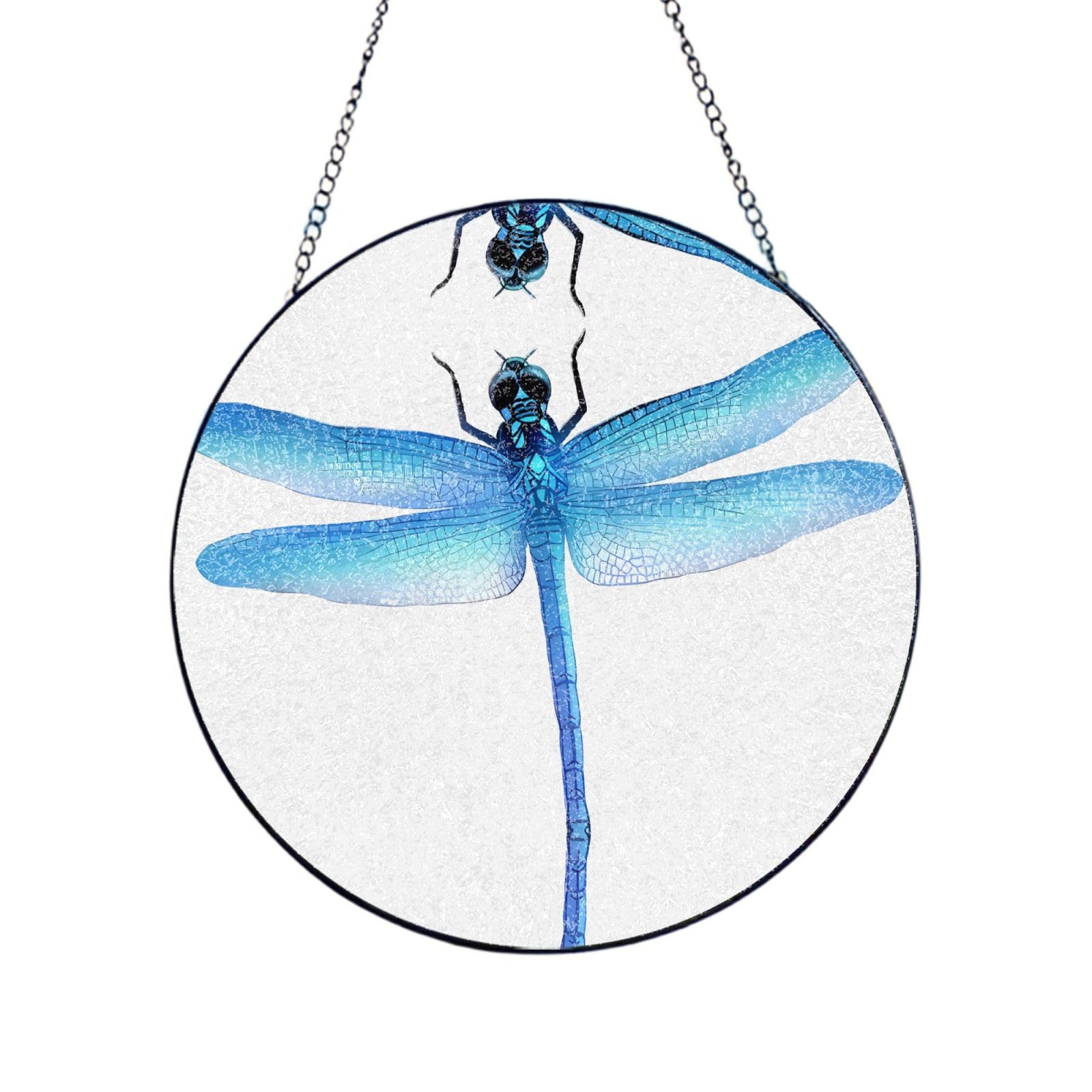 Phayah Dragonfly Print Glass Window Hanging Round Suncatcher Glass Ornament Garden Wall Fence Decorations Indoor Outdoor 8in（20cm）