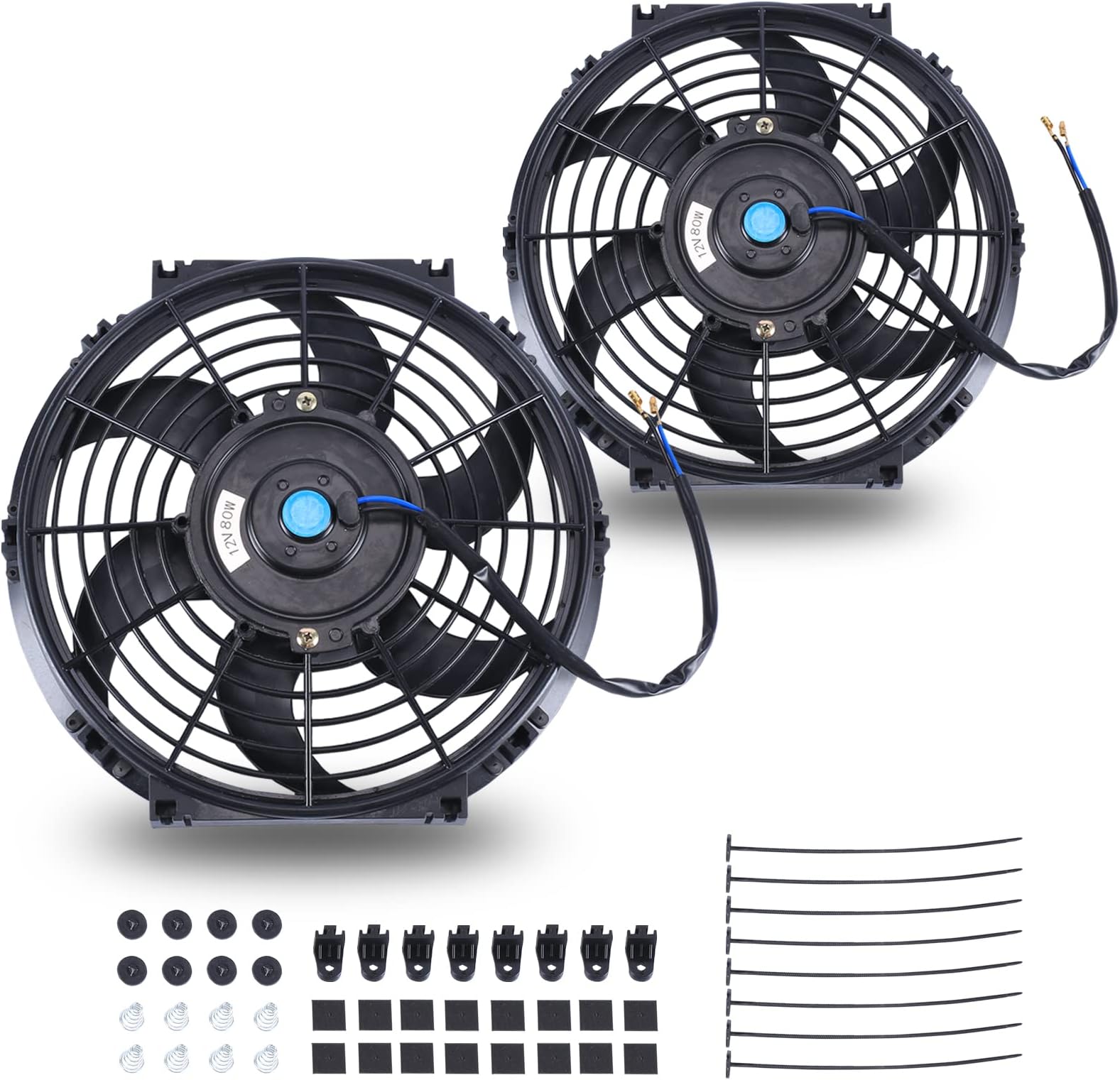 10 Inch Universal Slim Fan Push Pull Electric Radiator 12V 80W High Performance Cooling Fan Mount Kit Black 2 Pcs