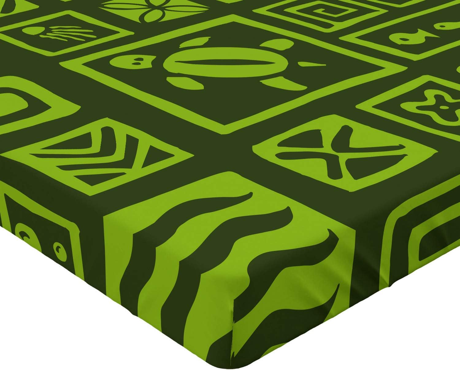 Ambesonne Luau Fitted Sheet, Monochrome Tiki Pattern Doodles with Motifs and Various Shapes Aloha Feels, Bed Cover with All-Round Elastic Deep Pocket for Comfort, Queen Size, Olive Green Lime Green