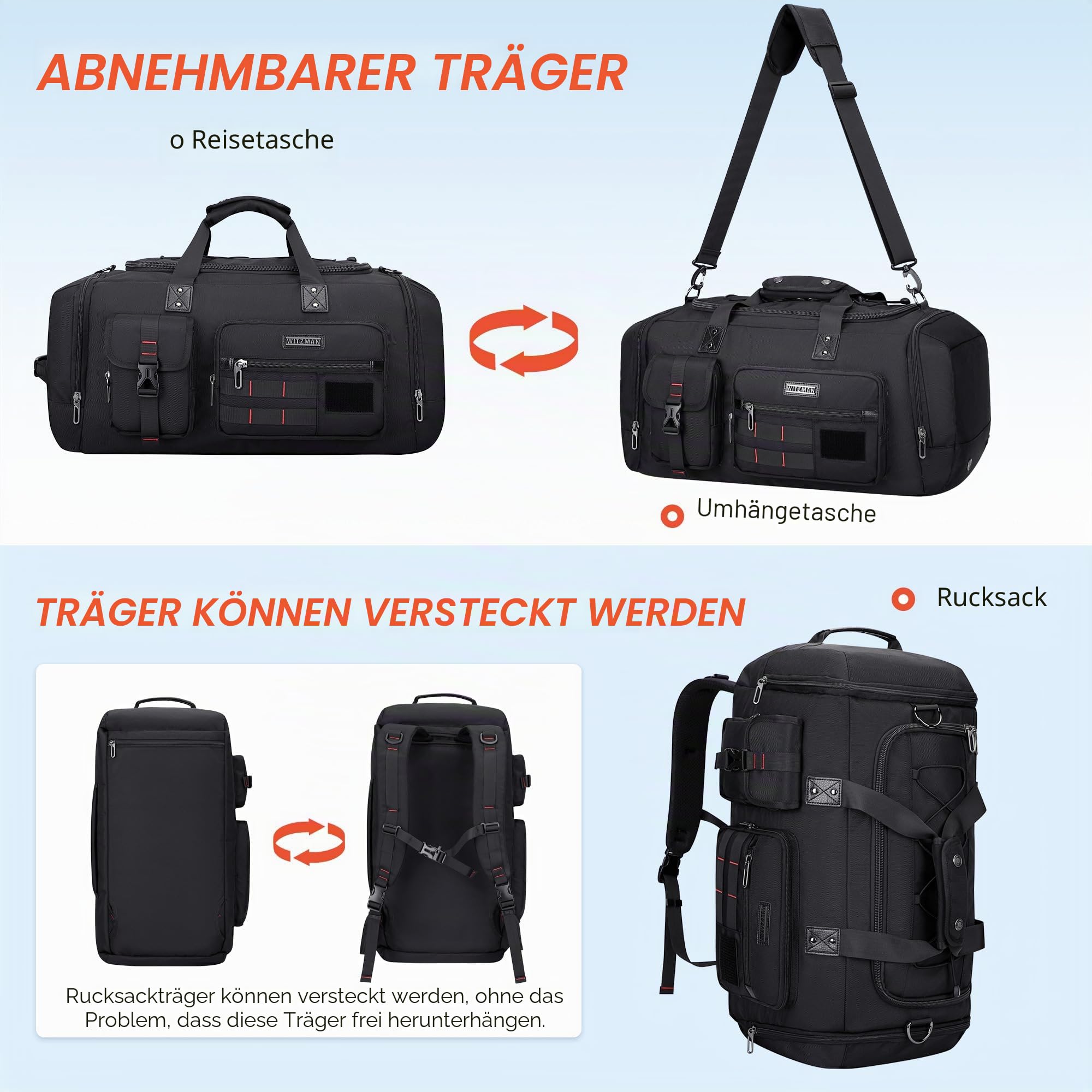 WITZMAN Reisetasche Herren 45L Sporttasche groß mit Schuhfach Duffle Bag 3 in 1 Travel Gym Trainingstasche Herren Damen（B693 Schwarz