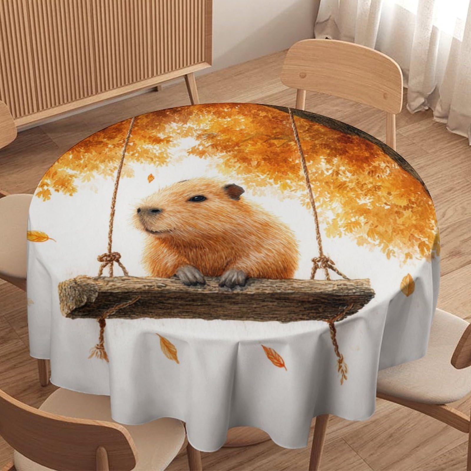 LUYYSKY Classic Realistic Capybara Round Tablecloth Cute Oil Painting Autumn Maple Trees Animals Capybaras Pattern Washable Decor for Table Cover for Kitchen-152.4" Wx152.4 L cm