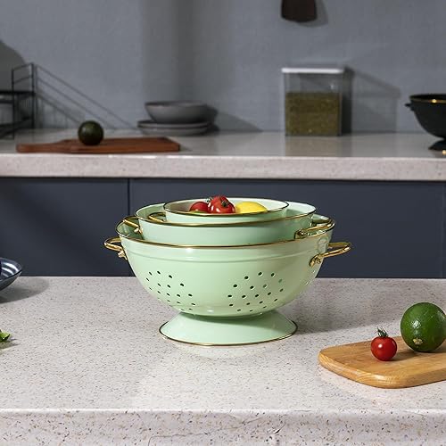 Miniatura 7 de Juego de 3 coladores de metal, cesta coladora con asas, perfecto para espaguetis, pasta, bayas, verduras, frutas, base sólida con recubrimiento en