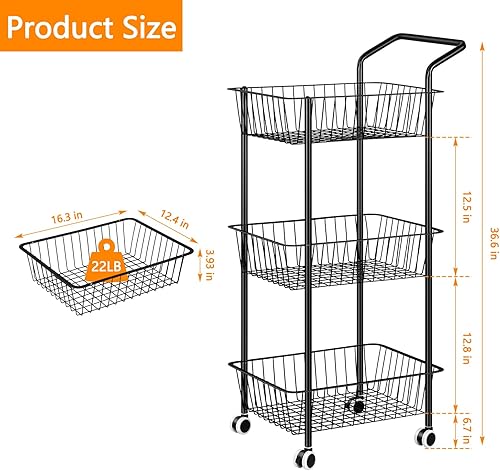 Miniatura 3 de OYEAL Carrito de almacenamiento de cocina con ruedas de 3 niveles, cesta de frutas delgado, carrito de almacenamiento de cocina negro con cestas y