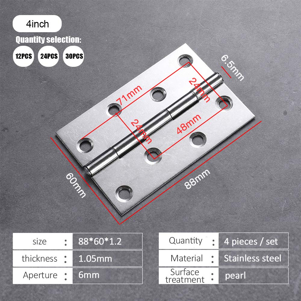 Acciaio Inox Cerniere - Cerniera per Mobili Cerniere Pieghevoli Cerniera per Porte Cerniera Armadio Cerniera Finestra, Argento, 4 pollici(88 * 60 * 1.2mm) - 24pcs